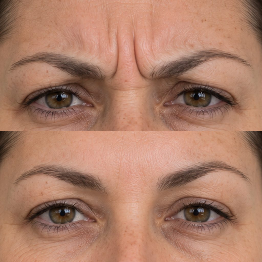 Illustrative before and after comparison of frown lines between eyebrows softened with cosmetic injectable botox dysport treatment