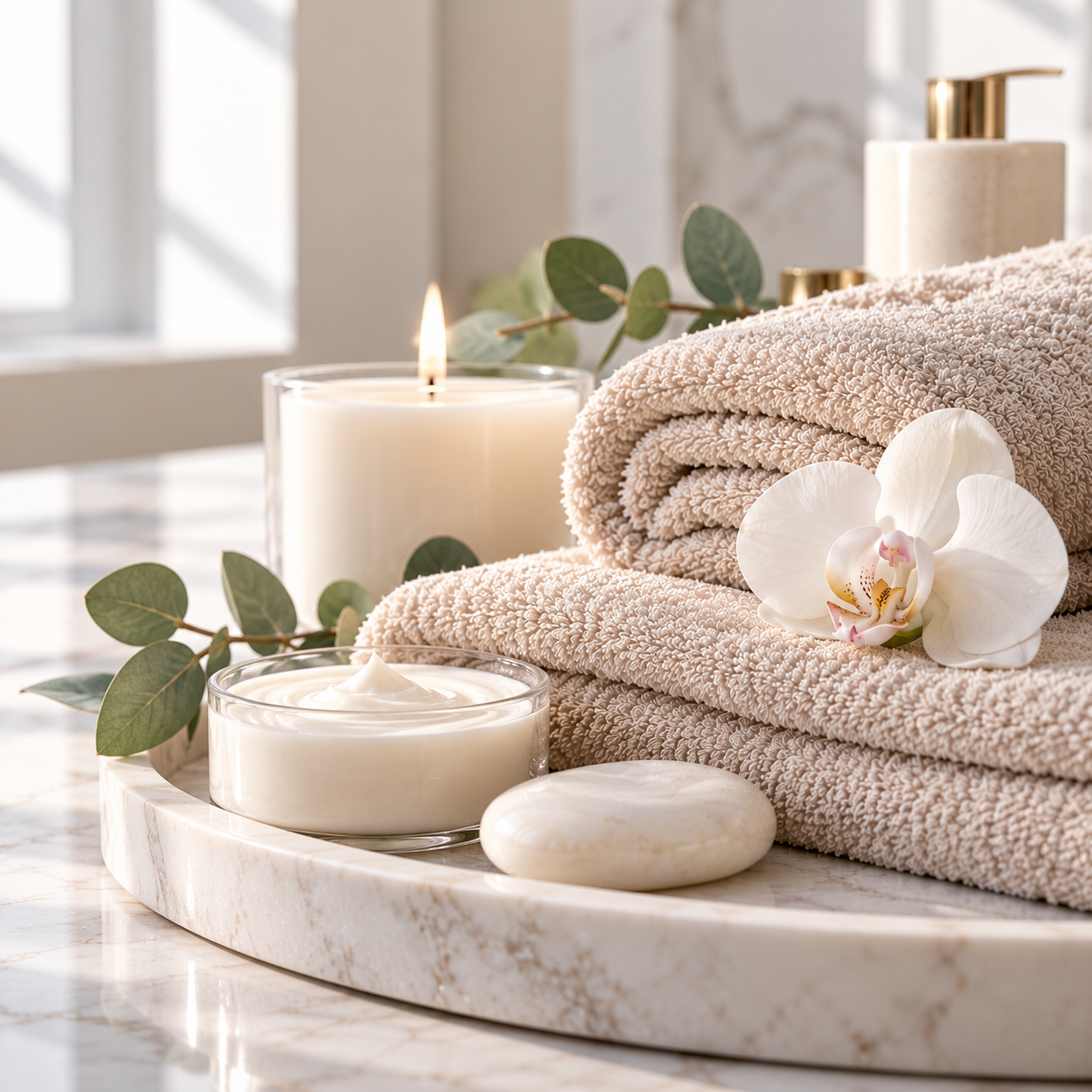 Luxury spa services with cream towels, white orchid, candle, and skincare products at Frame Lash Studio in Oakville, Ontario