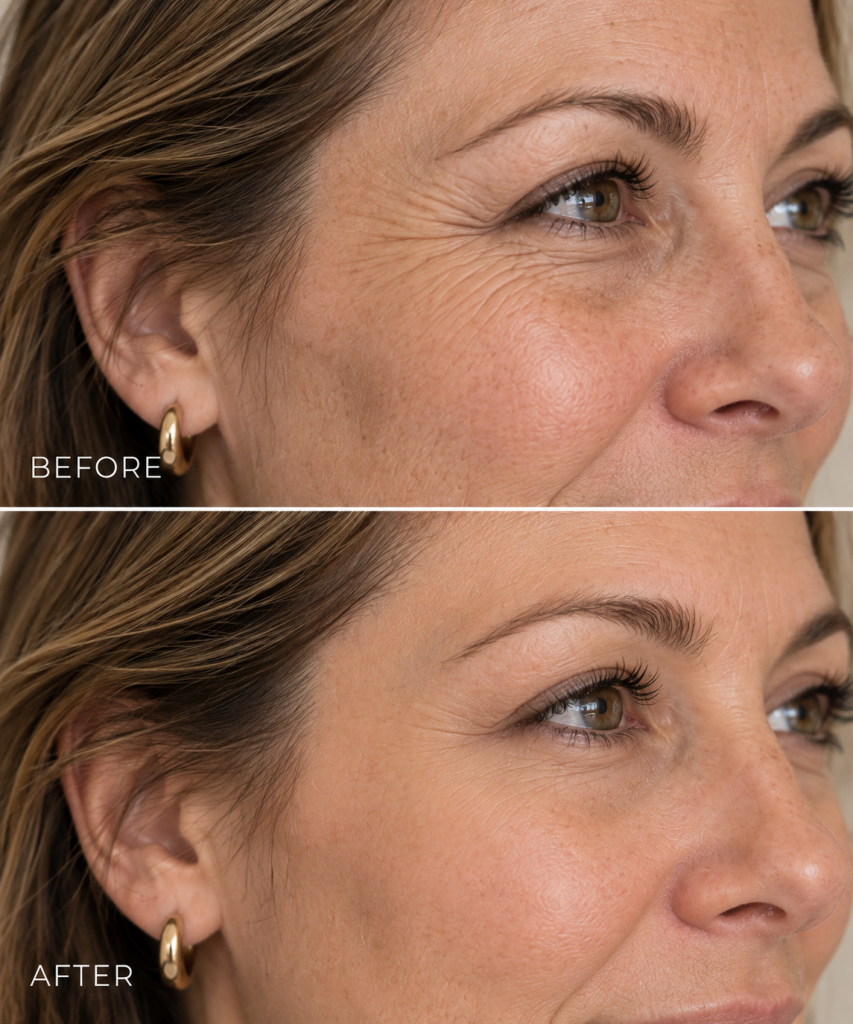 Illustrative before and after comparison showing softened crows feet following a cosmetic treatment