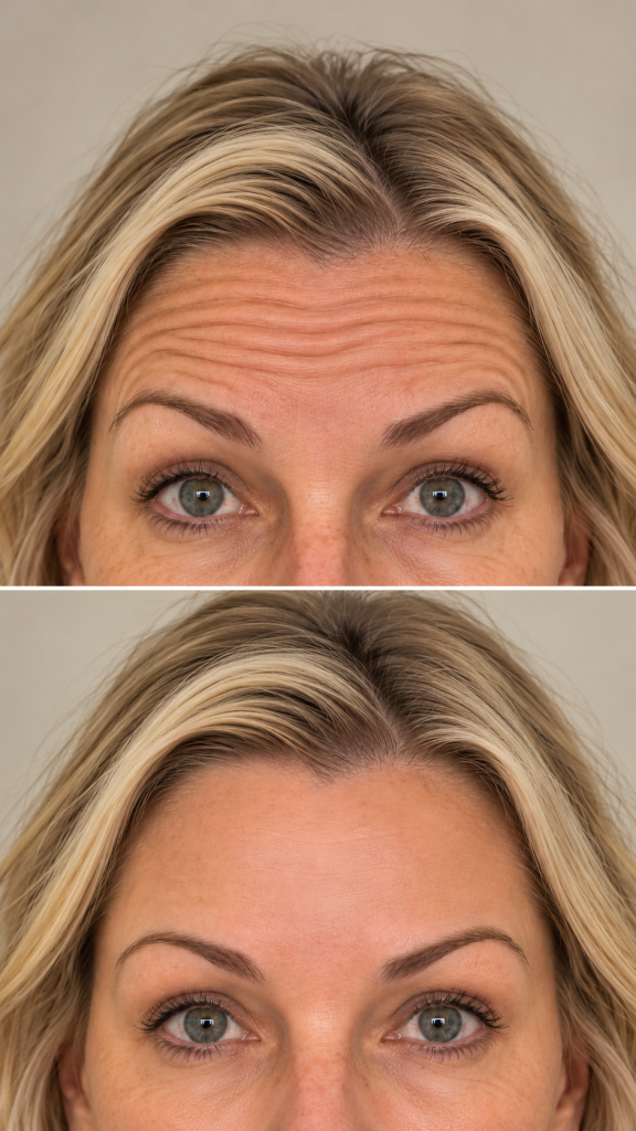 Before and After comparison showing forehead wrinkles softened with Botox and Dysport