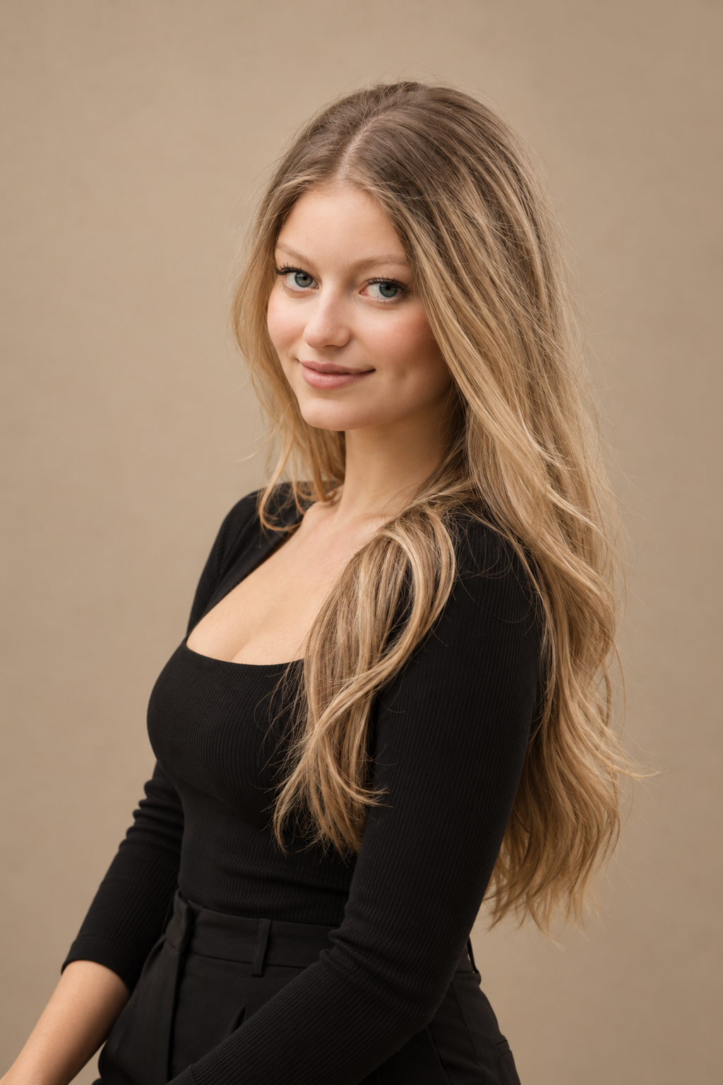 Frame Lash team member with long, softly waved blonde hair wearing a fitted black top against a warm beige studio background.